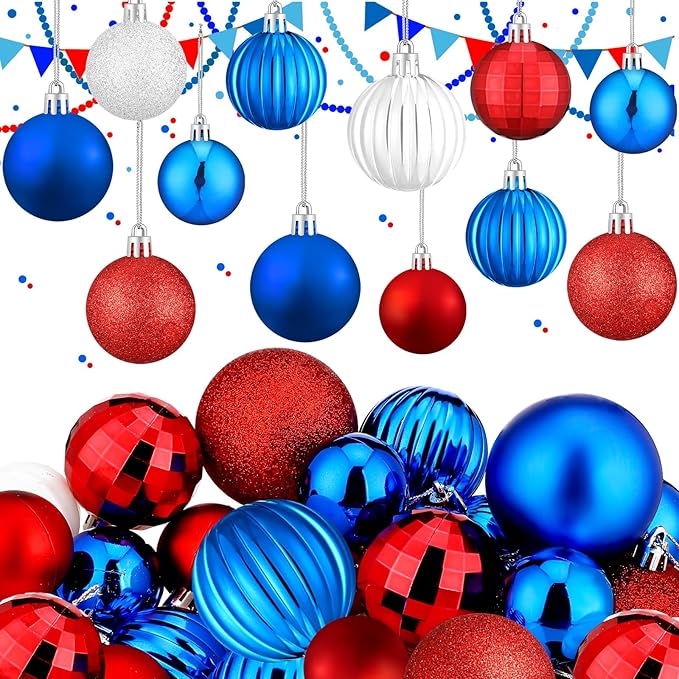 64 Pcs Veterans Day Patriotic Christmas Ball Ornaments Bulk Red White Blue Christmas Tree Ornaments 1.6/1.97/2.4 Inch Xmas Baubles 4th of July Xmas Decorations for Tree Home Wreath Decor