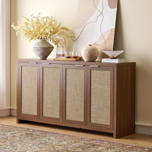 Walsham 61'' Buffet Cabinet with Storage, Adjustable Shelf Sideboard Rattan Entryway Console Cabinet with Doors Modern Credenza Coffee Bar Station for Kichen Living Room Holds 410lb Special Walnut
