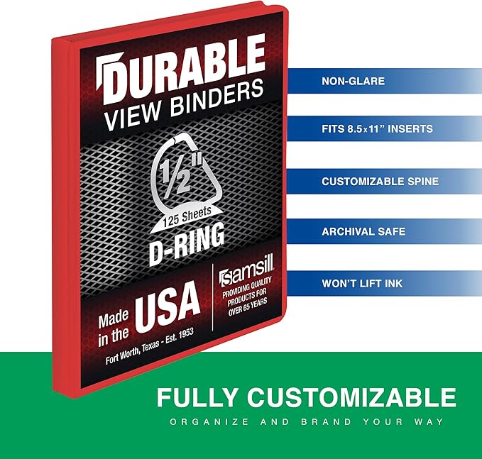 Samsill Durable 1 Inch Binder, Made in The USA, D Ring Binder, Customizable Clear View Cover, Ruby Red, Holds 225 Pages