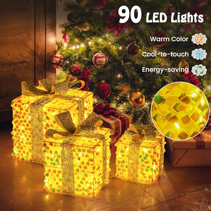 Tangkula Set of 3 Christmas Lighted Gift Boxes, Pre-lit 90 LED Light Up Present Box Decorations with Bows and Plug, Indoor Outdoor Xmas Boxes for Christmas Tree, Holiday Party Decorations