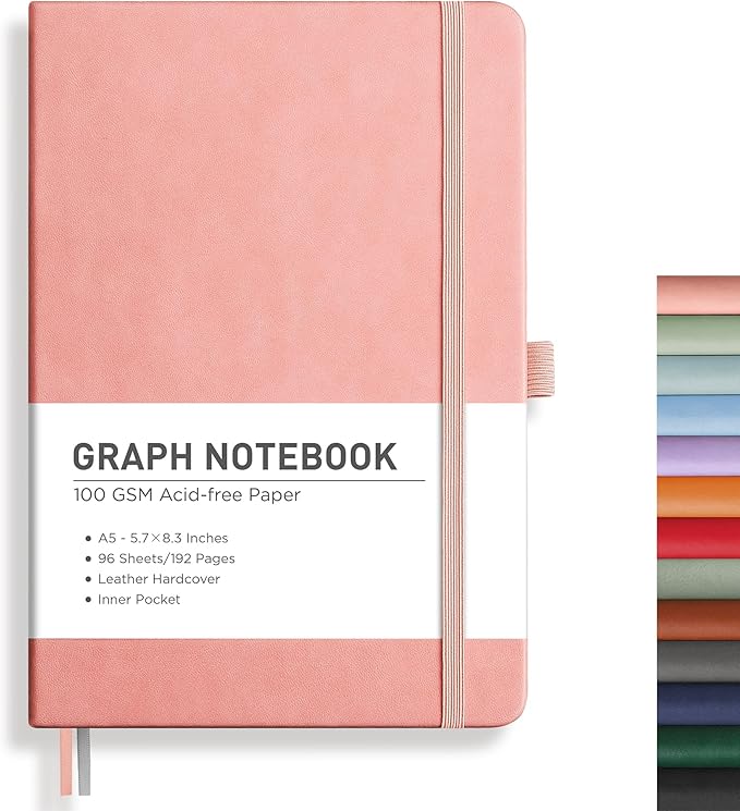 RETTACY Graph Grid Paper Notebook, 192 Pages, A5 Medium Size (5.7'' x 8.3''), 5 Squares per Inch, Leather Hardcover, 100 GSM Thick Paper, for School, Students, Math, Engineering (Pink)