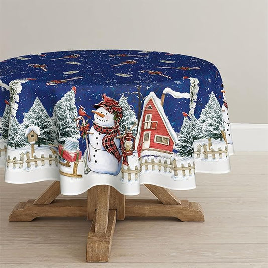 Horaldaily Christmas Tablecloth 60×60 Inch Round, Winter Snowman House Christmas Trees Blue Washable Table Cover for Party Picnic Dinner Decor