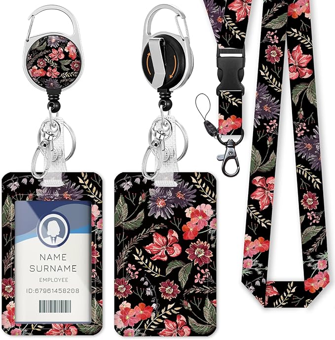 Flower ID Badge Holder with Breakaway Lanyard, Fashionable Lanyards for ID Badges Women, Cute Floral Badge Reel Retractable, ID Card Holder Keychain Name Badge Clip, Nurse Teacher Gifts