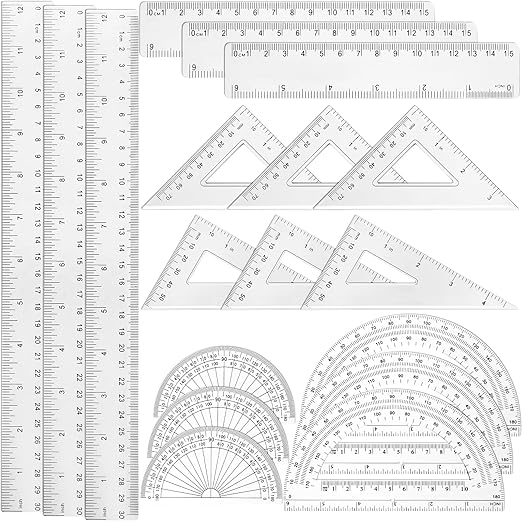 Tenare 18 Pcs Plastic Clear Math Set Includes Protractor Triangle Rulers 12 Inch 6 Inch Straight Geometry Math Transparent Ruler Measuring Tool for School Office Home Supplies