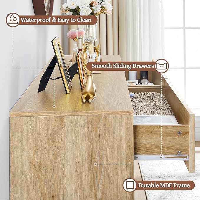 Fluted 6 Drawer Dresser, 53" Wide Modern Storage Chest of Drawers, Wood Drawer Organizer for Bedroom, Living Room, Hallway