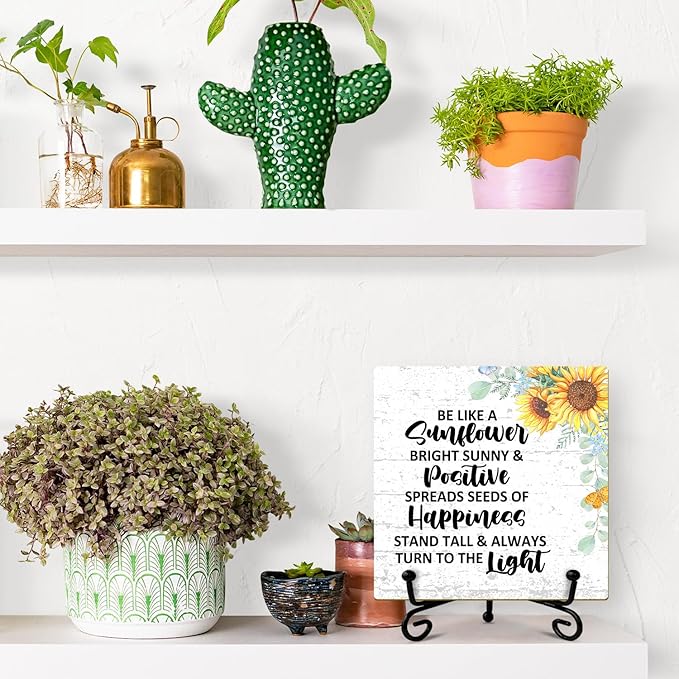 Sunflower Decor Wood Sign with Stand, Inspirational Gifts Motivational Gifts for Women Men Coworker Friends, Home Office Positive Decor Table Centerpiece Desk Decor Plaque for Bedroom Kitchen -37
