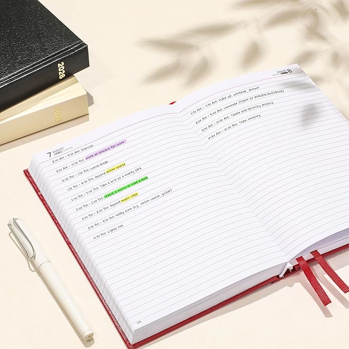 SUNEE 2026 Diary Journal Hardcover - Daily Planner Organizer for Work & School - Daily Page Layout with Holidays, Notes, Contacts - Agenda for Women & Men, Red