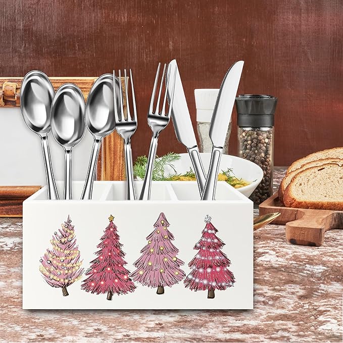 Pink Christmas Tree Pen Pencil Holder Organizer for Desk, Preppy Girly Xmas Holiday Wooden Box Signs Decorations for Girls Room Home Office Desk Tabletop, Girly Christmas Decor