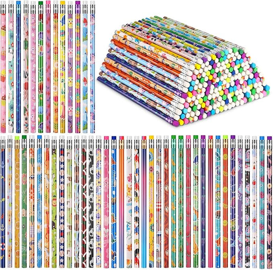 Sabary 200 Pcs Assorted Wood Pencil Bulk 50 Styles #2 HB Colorful Novelty Fun Dinosaur Animals Fruits Sports Pencils with Erasers Back to School Supplies for Kids Student Teacher Classroom Reward