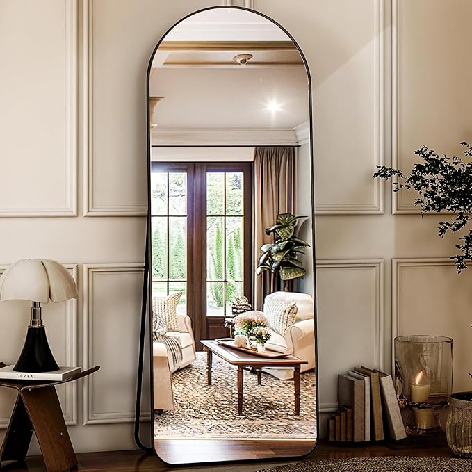 HARRITPURE Arched Full Length Mirror - 64" x 21" Large Floor Mirror Aluminum Frame Dressing Mirror with Stand for Bedroom/Living Room Wall Mounted, Black