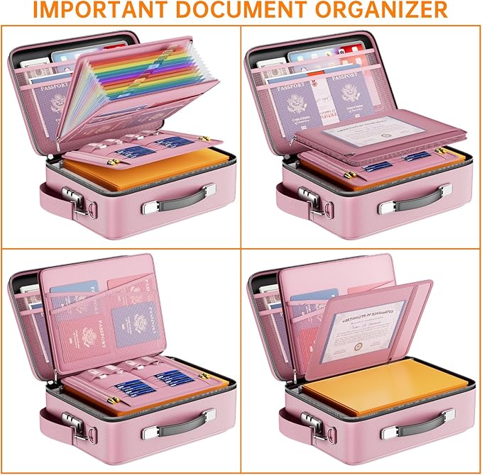 DocSafe Fireproof Document Box with Lock, Hard Case File Organizer with Accordion File Folder, Fireproof Water Resistant Safe Box Home Office Travel Storage for Important Documents Laptop Pink