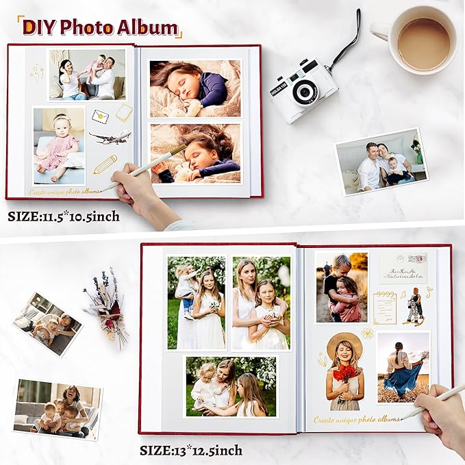Photo Album Self Adhesive Scrapbook,Large Photo Book for 4x6,5x7,8x10 Pictures,DIY Album for Baby Wedding Family Travel Birthday,with Metallic Pen and Scraper