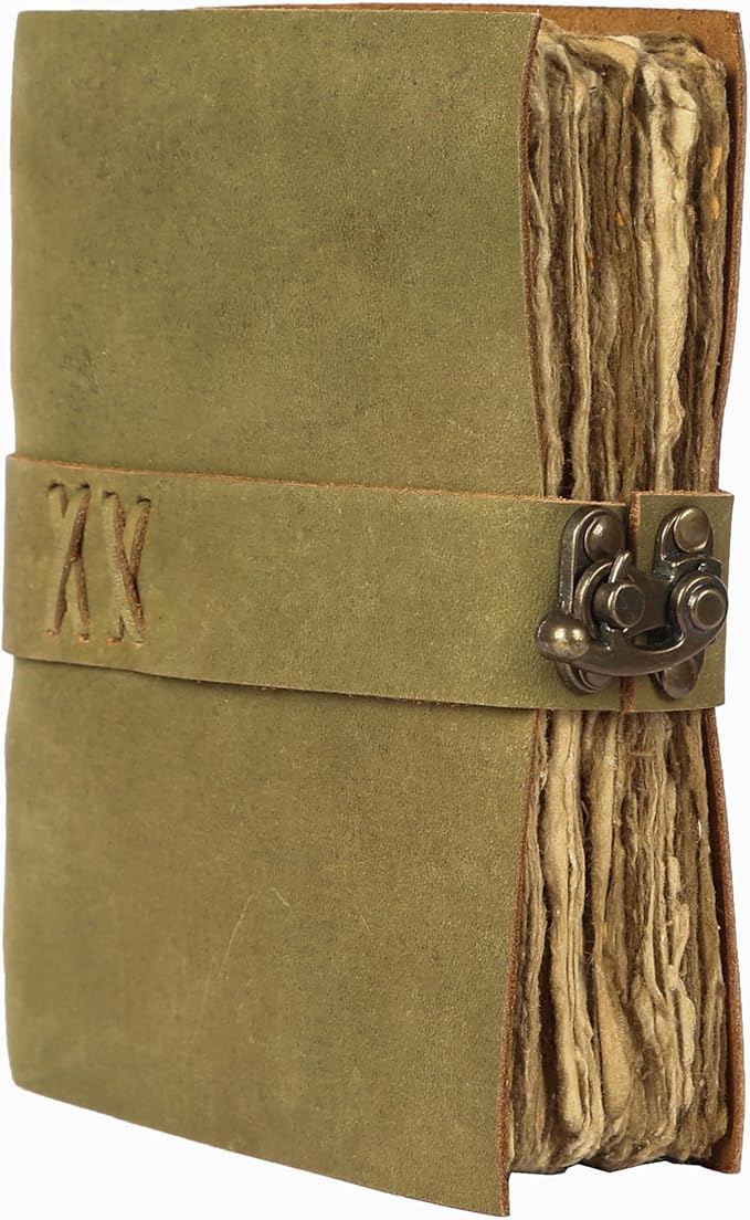 Vintage Leather Journal Handmade Buffalo Non-Refillable Deckle Edge Paper – Leather Bound Journal for Women Men C-Lock Closure Ideal for Writing & Travel for Artists (Green)
