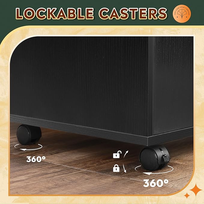 DEVAISE Office File Cabinet with Lock, 1-Drawer Wood Lateral Filing Cabinet on Wheels, Printer Stand with Open Storage Shelves for Home Office, Black