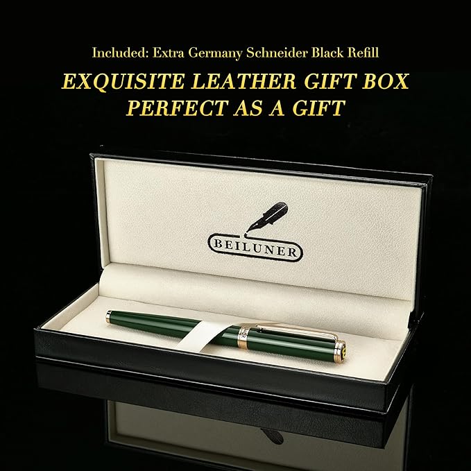 BEILUNER Luxury Rollerball Pen, Stunning Green Lacquer with 24K Gold Trim,Noble and Elegant Designs,Schneider Ink Refill, Best Gift Set for Men & Women, Refillable, Executive Writing, Nice Pens