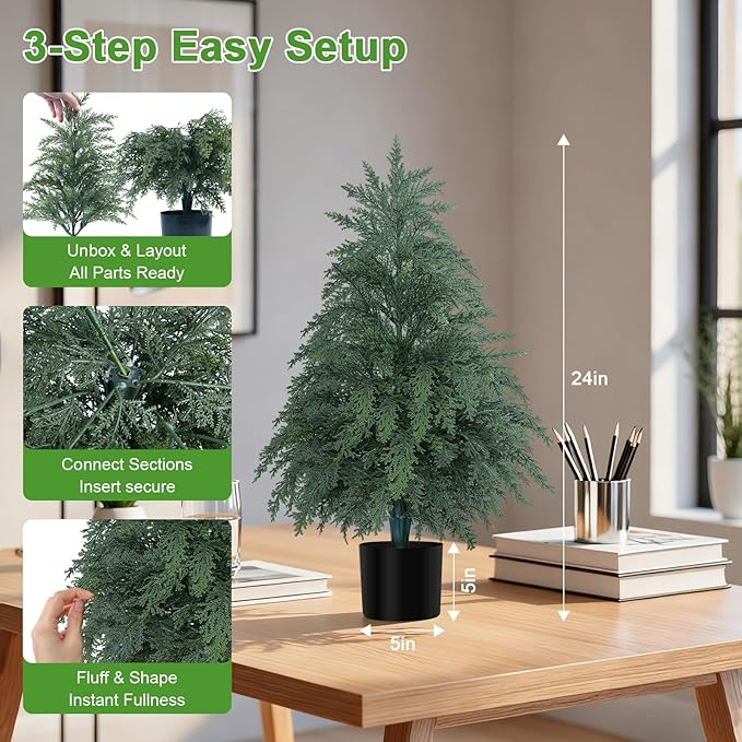 2Pack Artificial Topiary Trees, 2FT Faux Cypress, Faux Evergreen Pine Shrubs Plants with Pot, Potted Plants for Front Porch Indoor Outdoor Garden Christmas Decor