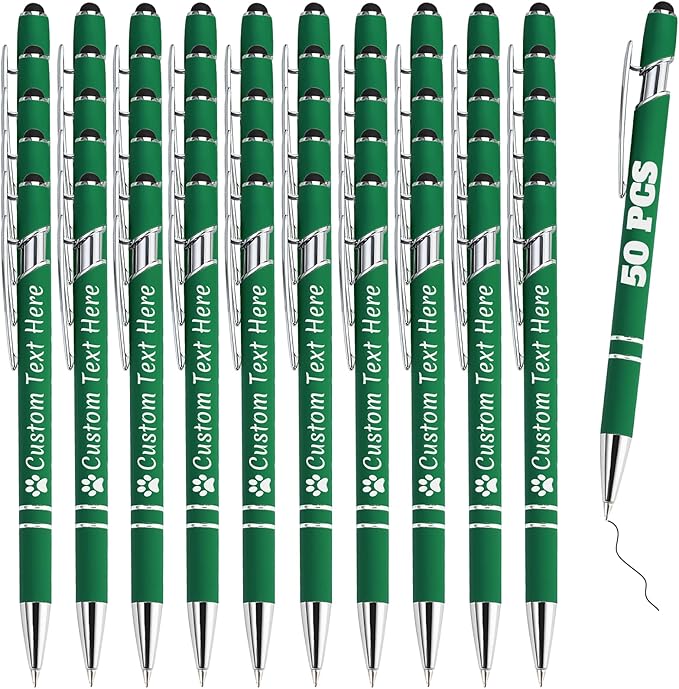 Personalized Pens Bulk 50 with Name Custom Engraving Ballpoint Pens with Stylus Tip Customized Smooth Writing Pens Personalized Gifts for Anniversary Birthday or Graduation(Dark Green,Black Ink)