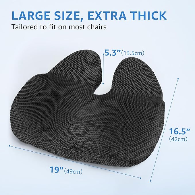 Extra Large Office Chair Cushion, 19" x 17" Ergonomic Memory Foam Seat Cushion for Tailbone, Back, Sciatica & Hip Pain Relief, Booster Pad for Sitting & Driving, Removable Washable Cover, Black