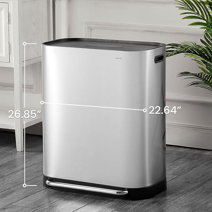 happimess HPM1014A Beni Kitchen 16-Gallon Double-Bucket Step-Open Trash Can with Soft-Close Lid, Modern, Minimalistic, Fingerprint Proof for Home, Kitchen, Laundry Room, Office, Bathroom, Chrome