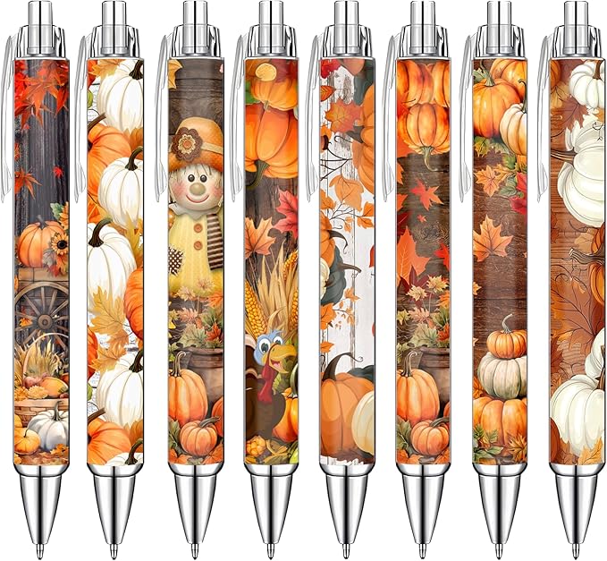 Thanksgiving Pens Set – Festive Fall-Themed Ballpoint Pens for Girls, Students, and Stationery Lovers – Smooth Writing Pens for Journaling, School, or Holiday Gifts – Autumn Harvest Design, 8 Pack