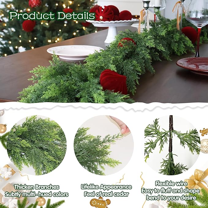 12FT Christmas Cedar Garland Artificial Realistic Green Faux Real Touch Winter Pine Garland for Mantle Fireplace Wall Table Indoor Outdoor Decoraiton