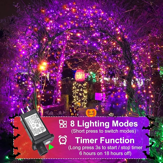 2 Pack Christmas Lights Outdoor, Total 200FT 600 LED Purple Orange String Lights for Outside with 8 Modes Waterproof, Plug in Christmas Decorations for Indoor House Patio Garden Party Holiday