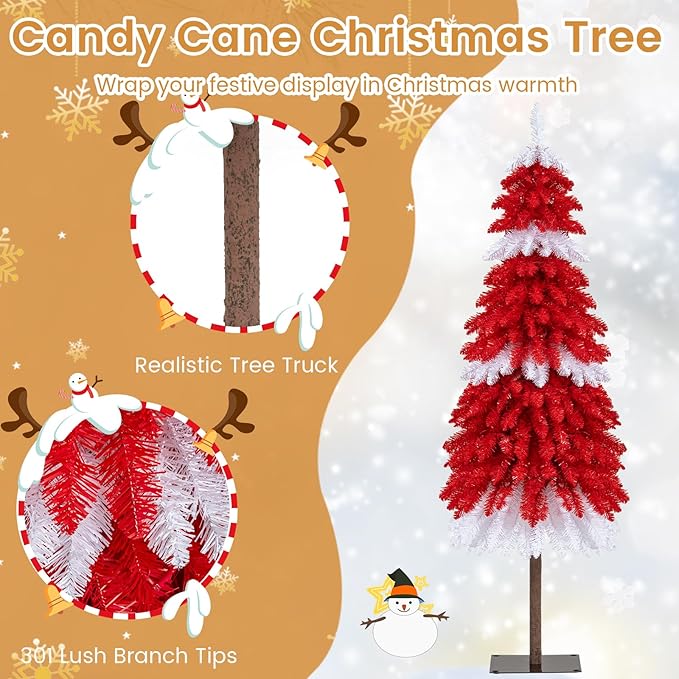 Happygrill 5 FT Artificial Christmas Tree, Candy Cane Xmas Tree with 301 Branch Tips, 100 Warm White LED Lights & Metal Base, Holiday Decoration Tree for Party Carnival