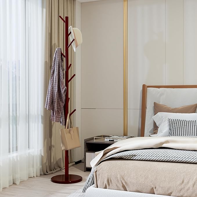 Wooden Coat Rack Freestanding Coat Tree with 4 Height Options and 9 Hooks, Sturdy Coat Rack Stand for Clothes/Bags/Hats, Easy Assemble Save Space for Entryway,Bedroom,Office,Narrow Place (Brown)