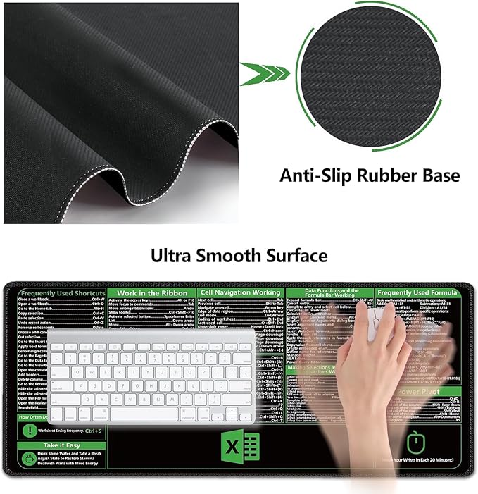 AIMSA Excel Shortcuts Cheat Sheet Mouse Pad, Large Keyboard Shortcut Keys Desk Mat+ Mouse Pad with Wrist Rest+ Keyboard Wrist Rest Support+ Coaster, Ergonomic Multifunctional Mousepad