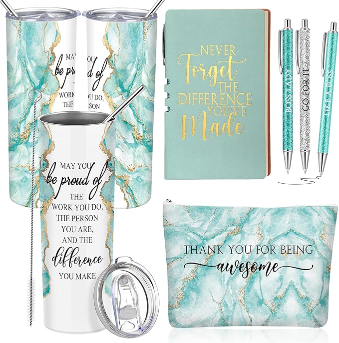 Domensi 6 Pcs Employee Appreciation Gift Set for Women Female Thank You Gift May You Be Proud 20 oz Rustic Marble Sign Tumbler Makeup Bag Journal for Teacher Nurse Lady Work Business(Green)