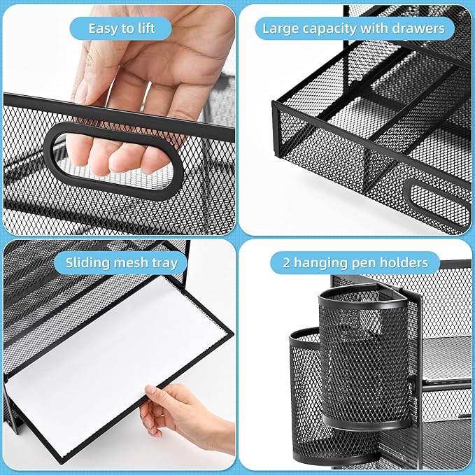 Lavatino 6-Tier Paper Organizer Letter Tray with Drawer - Mesh Desk File Paper office Supplies Sorter Organizer for Office, Home or School File Folder Holder - Black