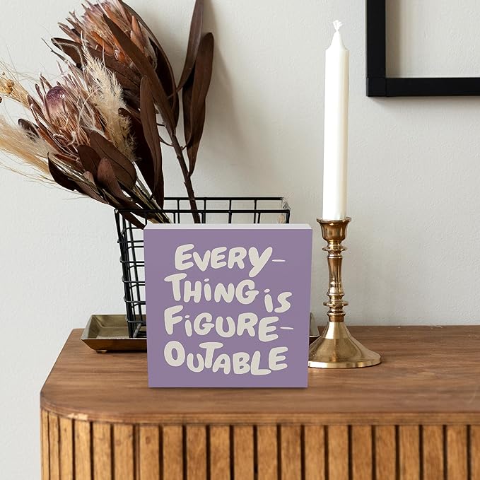 Inspirational Purple Office Decor, Every Thing is Figure Outable Motivational Office Accessories Wooden Box Sign, Inspirational Gifts for Women, Men Wall Desk Shelf Tabletop Decoration 6x6In