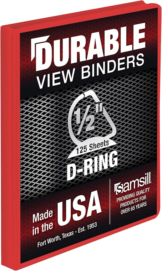Samsill Durable 0.5 Inch Binder, Made in The USA, D Ring Binder, Customizable Clear View Cover, Ruby Red, Holds 125 Pages