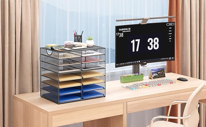 EasyPAG 14-Slot Mesh Desk File Organizer with Handle, Metal Frame Paper Tray for Classroom/Office/Home - Easy Assembly, Durable Tiered Sorter & A4/Letter Size, Silver