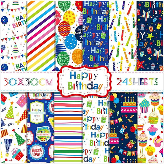 24 Sheets Happy Birthday Scrapbook Paper Pad,160gsm Textured Double-Sided Pattern Planner Junk Journal Craft Paper,Card Making Supplies,30×30cm