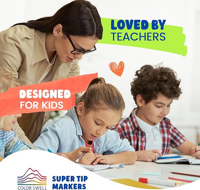 Color Swell 8-Pack Super Tip Markers – Washable, Non-Toxic, Ideal for Kids, Students, Adults, and Classroom Activities