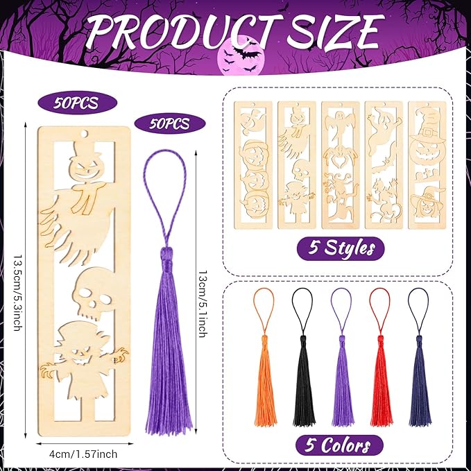 Yexiya 200 Pcs Halloween DIY Wood Bookmarks Kit Unfinished Color Your Own Hollow with Tassel 100 Set Back to School Art Ghost Spider Skull Pumpkins Supplies for Students Thanksgiving Reward Fillers