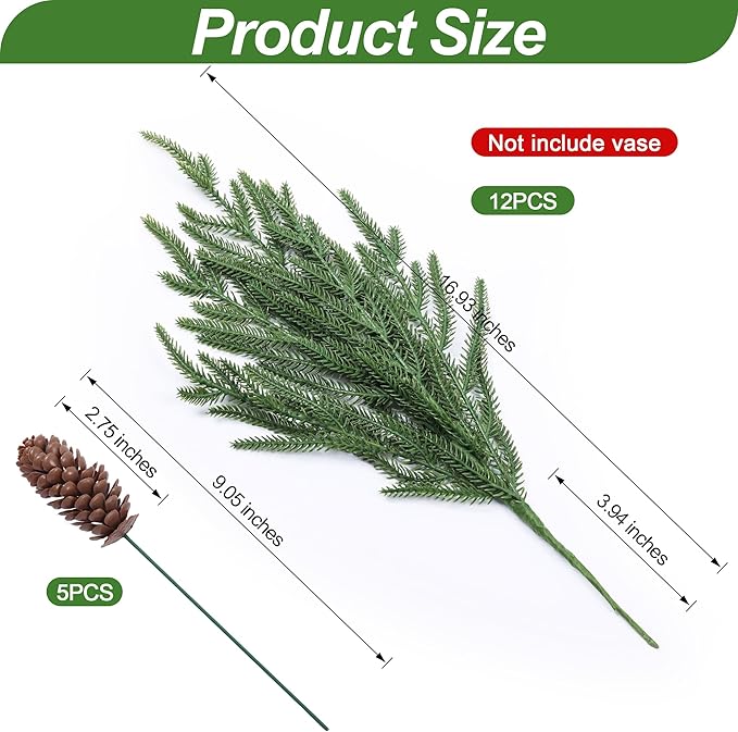 Artificial Christmas Norfolk Pine Stems Branches for Vases,12 Bundles Faux Pine Branches with 5 PCS Big Pinecones Stems Fake Greenery Evergreen Real Touch for Holiday Winter Table Xmas Decor
