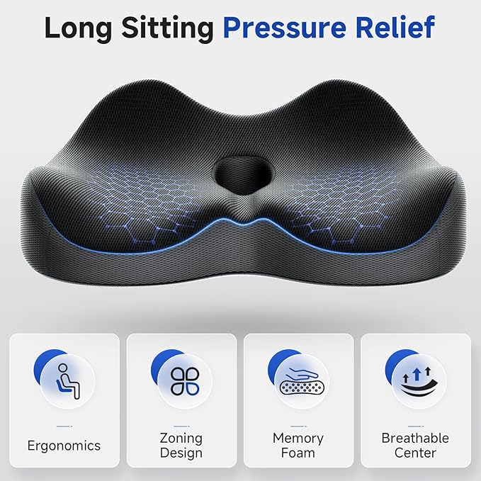 Benazcap Memory Foam Office Chair Cushion, Ergonomic Seat Cushion for Sciatica & Tailbone Pain Relief for Long Sitting for Gaming Chair and Car Seat- Black&Gray