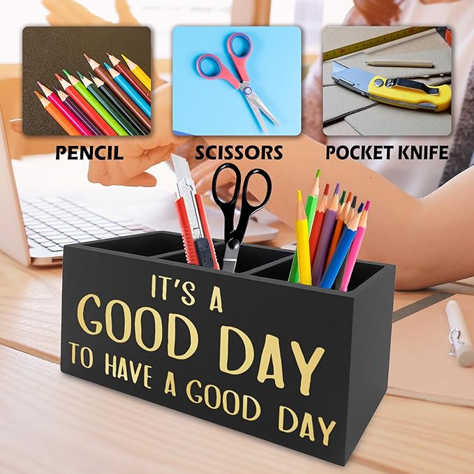 Inspirational Office Pen Pencil Holder Organizer for Desk, It's a Good Day to Have a Good Day Positive Wooden Box Signs Decorations for Home Office Desk Tabletop, Motivational Gifts for Women