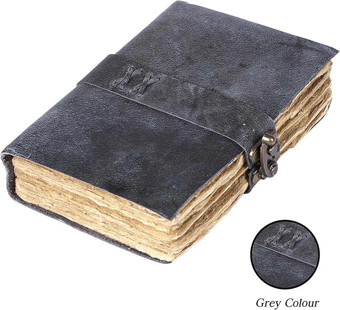 Vintage Leather Journal Handmade Buffalo Non-Refillable Deckle Edge Paper – Leather Bound Journal for Women Men, C-Lock Closure, Ideal for Writing & Travel for Artists (Grey)