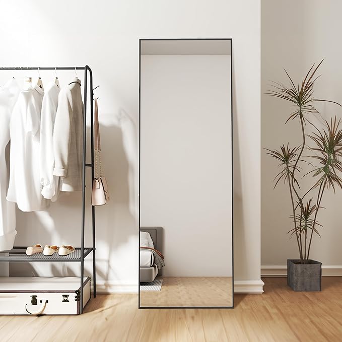 Simple Deluxe 64"×21" Hanging Mirror, Full Length Mirror for Bedroom, Body Floor Mirror with Stand, Aluminum Frame Large Mirror for Cloakroom, Black