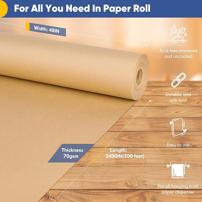 Vanhench 48"x 2400" (200') Brown Jumbo Roll Wrapping Paper, Kraft Craft Paper Roll for Bulletin Board Kids Arts Crafts Packing Shipping Poster Construction, Christmas Wrapping Paper