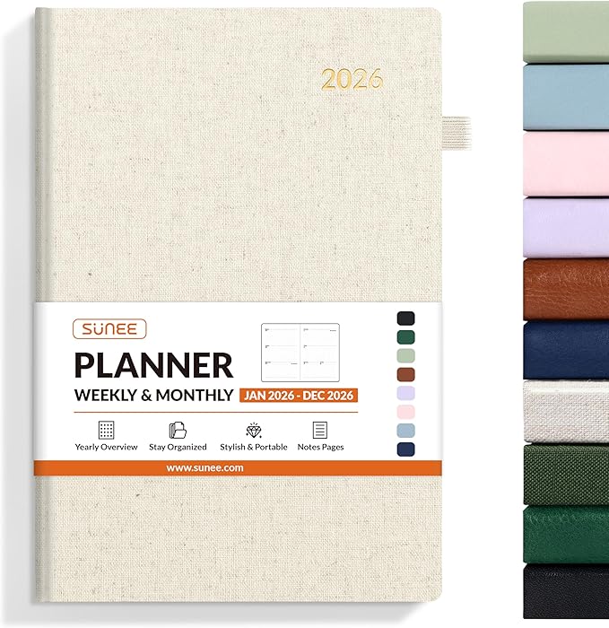 SUNEE 2026 Weekly & Monthly Hardcover Planner 5.5" x 8.3" - 12 Month (January 2026 - December 2026), Small Hardcover Planner, Pocket, Notes, 100 GSM Paper, Beige
