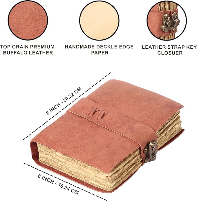 Vintage Leather Journal Handmade Buffalo Non-Refillable Deckle Edge Paper – Leather Bound Journal for Women, Men, C-Lock Closure Ideal for Writing & Travel for Artists (Sunset Peach)