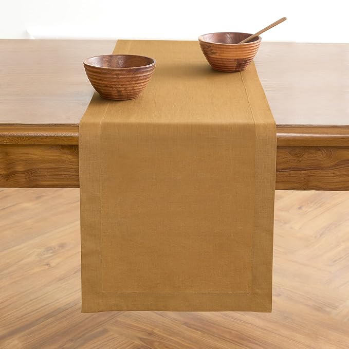 Solino Home Linen Table Runner 108 Inches Long - 100% Pure Linen Caramel Dining Table Runner 14 x 108 Inch for Fall, Autumn, Thanksgiving - Fete
