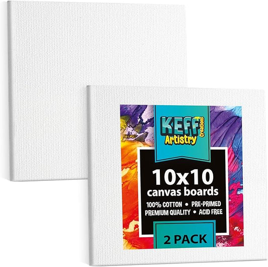 KEFF Canvas Boards for Painting - 10x10 2-Pack Bulk Canvas Panels, 100% Cotton Triple Primed Large Canvases for Art Painting Supplies, Acrylic, Oil, Watercolor & Tempera