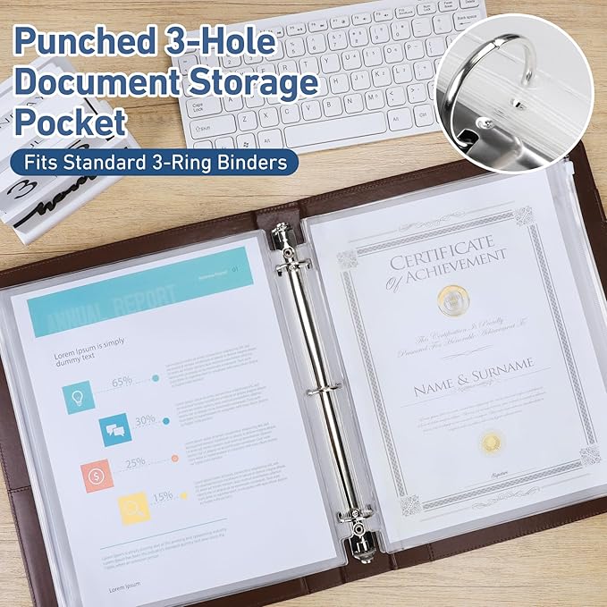 Antner 36 Pack Letter Size Binder Pockets for 3-Ring Binder Zipper Pouch Waterproof PVC Document Organizer 3-Hole Loose Leaf Folders File Sleeves Storage Bags Side Loading for Business Office Supplies