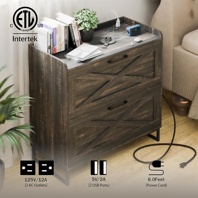 Lateral File Cabinet 2 Drawer File Cabinet with Charging Station for Legal/Letter/A4 Size Hanging Files, Modern Farmhouse Large Wood File Storage Cabinet for Home Office Furniture(Dark Rustic Oak)