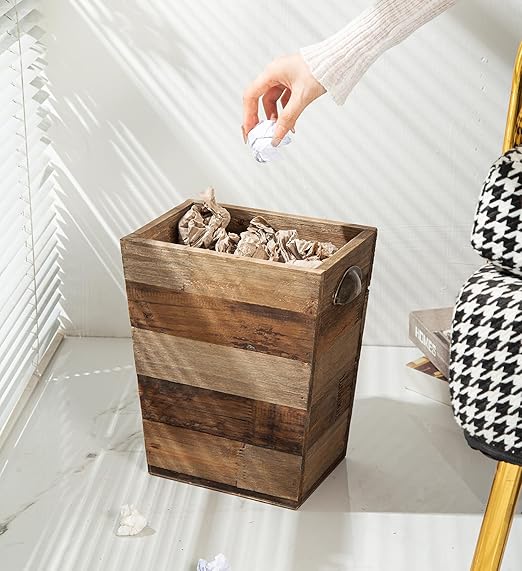 Small Wood Trash Can, Farmhouse Rectangular Garbage Can Waste Basket, Rustic Distressed Reclaimed Wood Wastebasket, Vintage Wooden Trash Recycling Bin Storage Basket with Metal Handles (Natural)